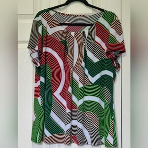 Worthington Short Sleeve Abstract Wave Top - Green, Red, Black, White 3X Knit
